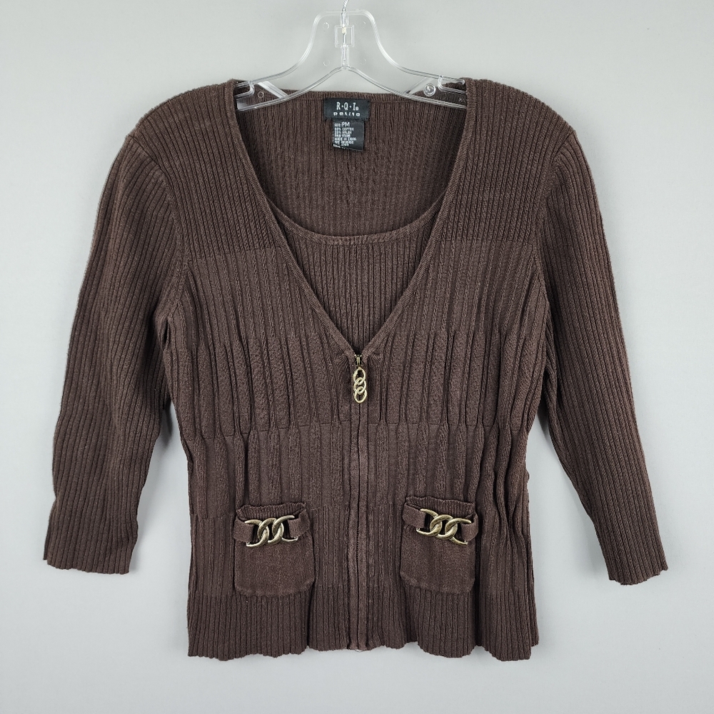 RQT Brown Ribbed Layered Sweater Brass Accents Sz Petite Medium